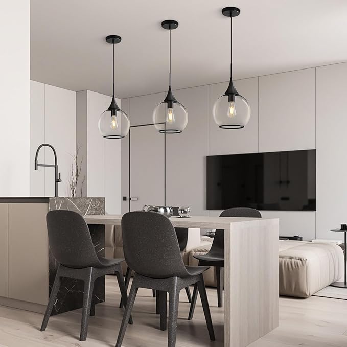 Pendant Lights Kitchen Island: Matte Black Light Fixture Farmhouse with Clear Glass - 10 Inch Mid Century Globe Kitchen Lighting Fixtures Ceiling for Dining Room