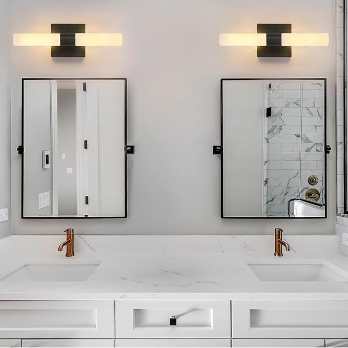 KUZZULL Wall Sconces Set of Two Matte Black Modern Bathroom Sconces Lighting Set of 2 Frosted Glass Shade Indoor Wall Lamp Wall Mounted Lights Metal Wall Light Fixtures for Living Room Stairs