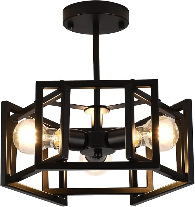 Semi Flush Mount Ceiling Light Fixture,3-Light Black Light fixtures Kitchen Ceiling Light Fixture for Hallway Kitchen Bedroom Living Room Bathroom Entrance
