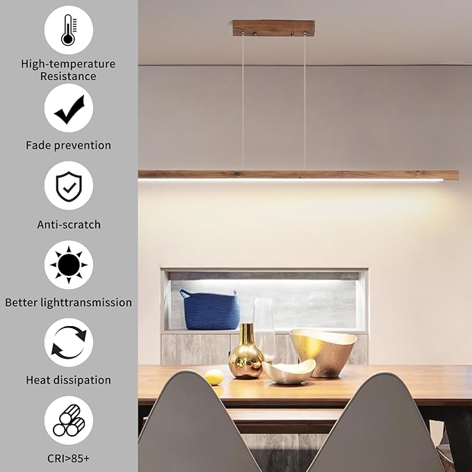 Modern Wooden Pendant Light, 47IN Walnut Wooden Chandelier with Remote Control 3000k-6500K Adjustable Color Temperature，Aluminum Island Lighting Lamp for Dining Room, Living Room, Kitchen