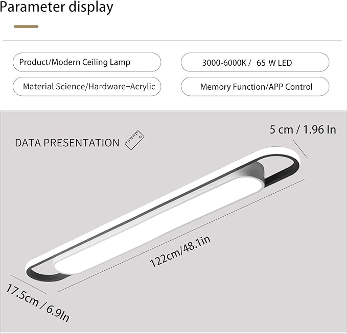4Ft Modern Smart LED Linear Ceiling Lights Dimmable LED Ceiling Lamp with Remote Control,65W Metal/Acrylic Flush Mount Ceiling Lighting Fixtures for Kitchen Living Room Kitchen Dining Room (48")