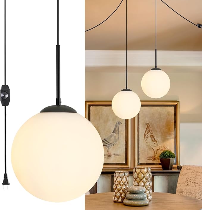 10” Plug in Globe Pendant Light Mid Century Modern Milk White Glass Globe Chandelier with 14.75ft Plug with Dimmable Switch for Bedroom Dining Room Kitchen Island, Black