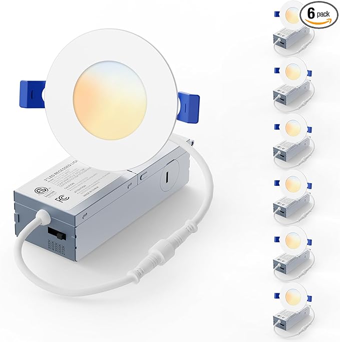 6 Pack 3 Inch LED Recessed Light, Dimmable, Damp Rated, 5CCT Selectable, 6W 500LM, 120V, Silm Canless Wafer Ceiling Light, ETL&FCC