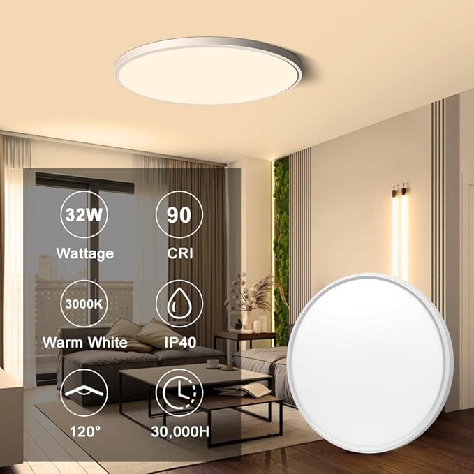 LEDLightsWorld 15.7inch 32W LED Flush Mount Ceiling Light, 2800K Warm White LED Ceiling Light, Round Flat Panel Light, 3800LM Bright Ceiling Lights for Bedroom, Living Room, Dining Room