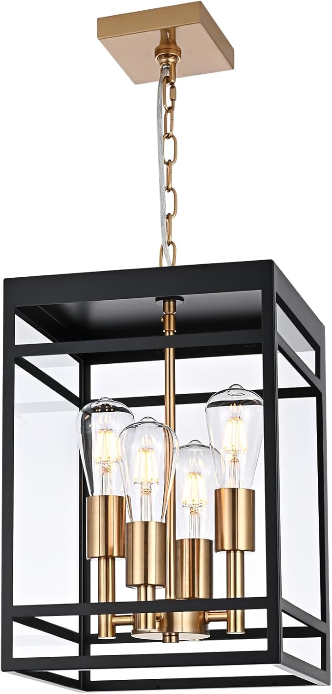 VINLUZ 16" Outdoor Pendant Light with Adjustable Chain, 4-Light Black and Gold Finish Outdoor Hanging Light Fixture, Exterior Hanging Lantern Chandelier for Entryway Patio Garden