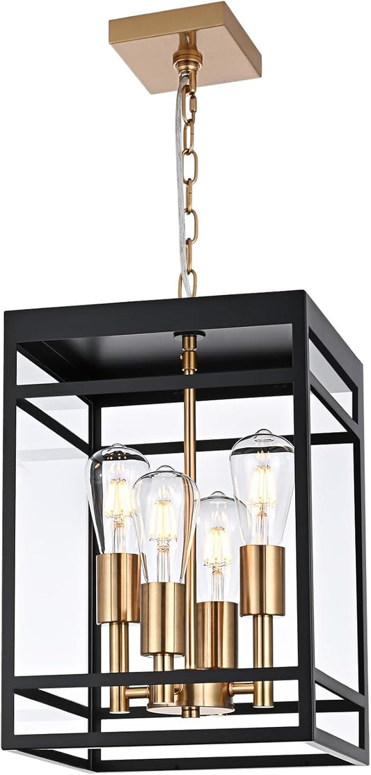 VINLUZ 16" Outdoor Pendant Light with Adjustable Chain, 4-Light Black and Gold Finish Outdoor Hanging Light Fixture, Exterior Hanging Lantern Chandelier for Entryway Patio Garden
