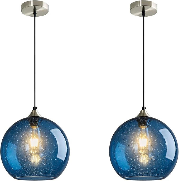 Modern 2-Pack Glass Globe Pendant Lights, Blue Modern Pendant Lighting for Kitchen Island, Clear Glass Hanging Lamps for Dining Room Living Room Bedroom, Medium 7.87 Inch Fixture (Bulbs Not Included)