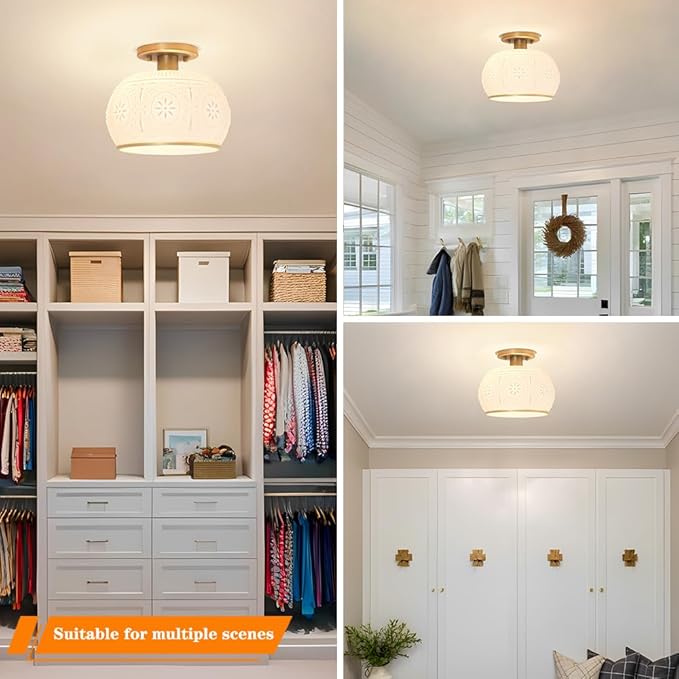 Brushed Brass Semi Flush Mount Ceiling Light with Clear Globe Glass, Modern Hallway Lighting Fixtures, Vintage Ceiling Light for Kitchen, Bedroom, Closet, Entryway, Porch