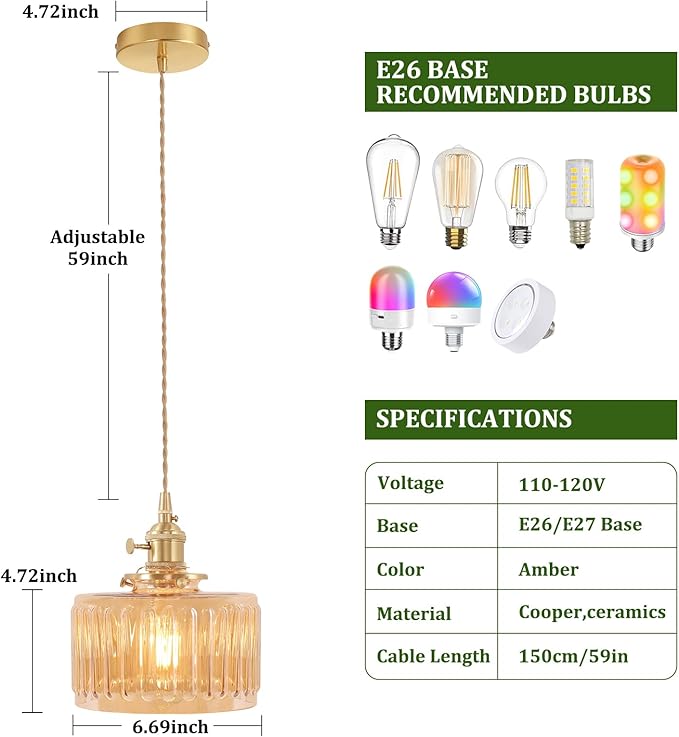 Shenmoyl Pendant Light with Amber Striped Glass Lmapshade, Brass Vintage Pendant Light Adjustable Hanging Light for Kitchen Island Dining Room Hallway