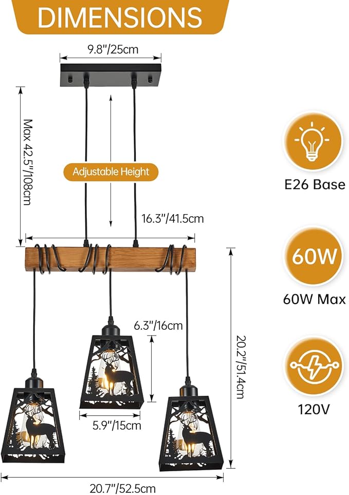 3-Lights Farmhouse Dining Room Pendant Light Fixtures, Rustic Solid Wood Kitchen Island Lighting Hanging with Deer Metal Shades for Restaurant, Kitchen Island, Hallway