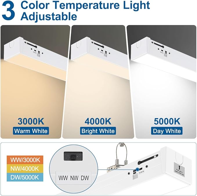 DAKASON 4FT Linkable LED Linear Light, 50W/40W/30W, 3/4/5000K CCT Selectable, Commercial Linear Lighting Fixture for Office, Workshop, Dimmable Suspended/Flush Mount Ceiling Light, White 4 Pack