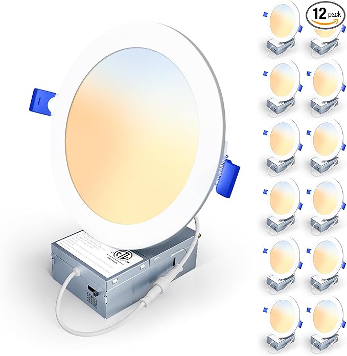 12 Pack 6 Inch 5CCT LED Recessed Light, Silm Canless Recessed Lighting, Dimmable, Damp Rated, 2700K-5000K Selectable, Wafer Ceiling Downlight with Junction Box, 1200LM, 12W 120V, ETL&FCC