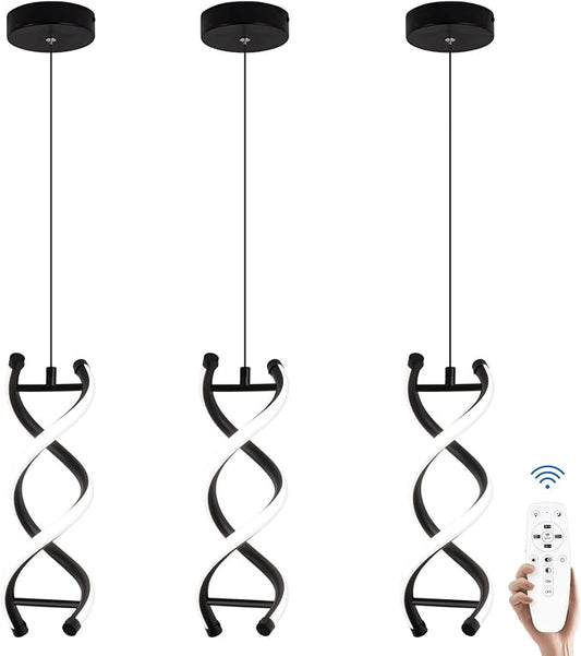 CANEOE Spiral Modern Led Pendant Light,3000K-6000K Dimmable Black LED Hanging Lamp, Adjustable Height Kitchen Island Light Fixture for Dining Room Bedroom Kitchen Sink (Black, Dimmable,3 Packs)