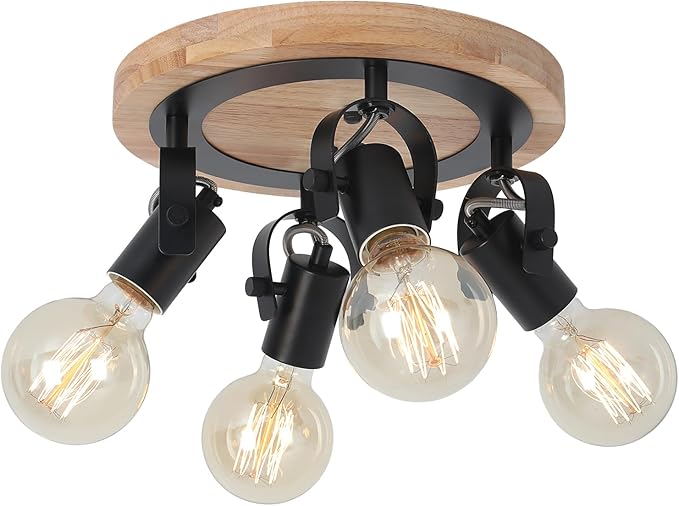 SEEBLEN 4-Light Round Flush Mount Ceiling Light，Adjustable Farmhouse Kitchen Track Light with Wood Base, Multi-Directional Dining Room Light for Island Hallway Entryway Bedroom.
