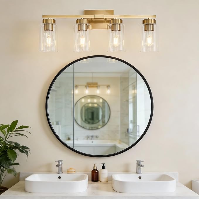 4-Light Bathroom Light Fixtures, Gold Modern Vanity Lights Over Mirror, Bathroom Wall Sconces with Clear Glass Shade for Living Room Bedroom Hallway Cabinet Porch