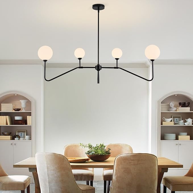 Black Linear Kitchen Light Fixture, 4-Light Globe Glass Pendant Light with Matte Black Metal Frame & Milk White Glass Shades, Adjustable Height Chandelier for Dining Room Kitchen Island