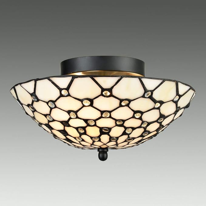DIRYZON EUL Tiffany Style Semi Flush Mount Ceiling Fixture Antique Brass & Art Colorful Glass Shade-3 Lights