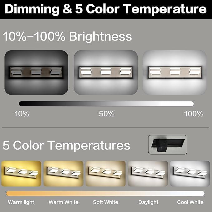 PRESDE 3-Light LED Bathroom Light Fixtures Over Mirror Brushed Nickel Vanity Light for Bathroom Modern Bath Wall Lighting Dimmable 5CCT