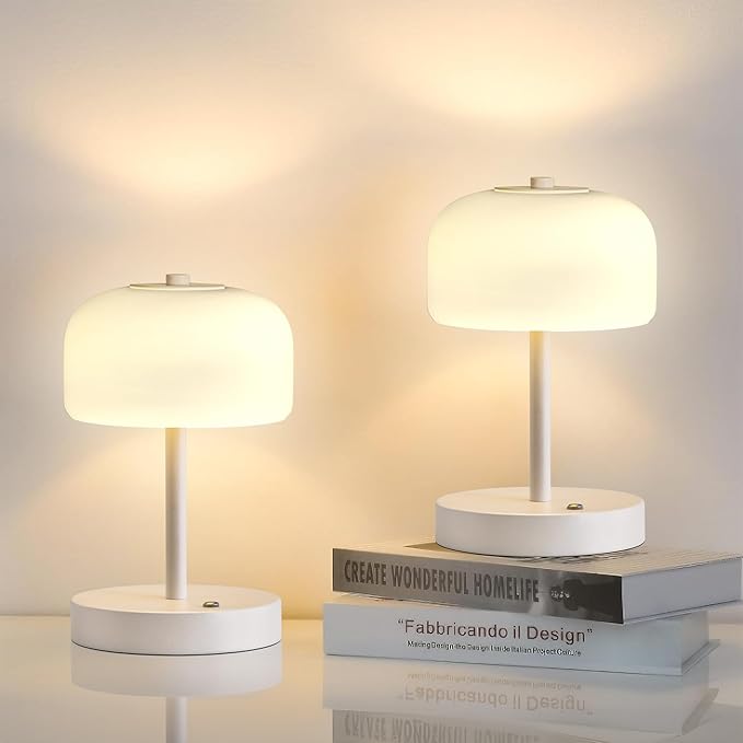 Oneach 9" Cordless LED Mushroom Table Lamp Touch 3 Way Dimmable Bedside Small Lamp Battery Operated Rechargeable Modern Nightstand Desk Lamp for Bedroom Living Room Restaurant White(2 Pack)