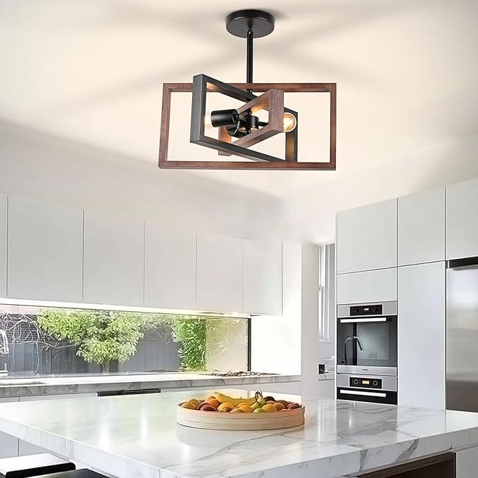 HuisMier Farmhouse 3-Light Flush Mount Ceiling Light Fixture Rustic Metal and Wood Chandelier Retro Close to Ceiling Lighting for Kitchen Entryway Hallway Bedroom Dining Room Living Room Foyer