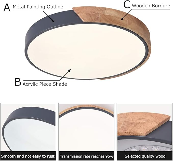 EDISLIVE Ceiling Light Dimmable 19 inch Modern Minimalist LED Round Shaped Wood & Metal & Acrylic Flush Mount Ceiling Light with Remote Control Gray