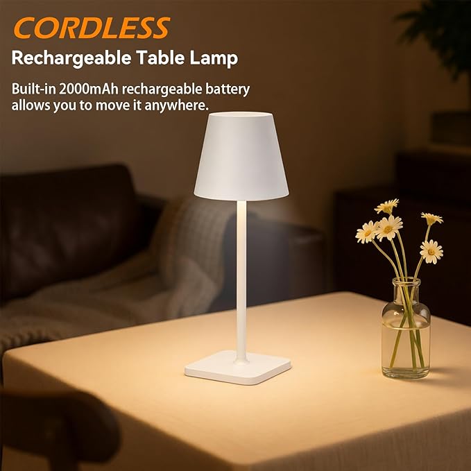 2 Pack Cordless Table Lamps Rechargeable, Battery Operated Touch Dimmable LED Lamp with 3 Color Temperatures, Adjustable Height Wireless Table Lamp for Restaurant, Bar, Bedroom
