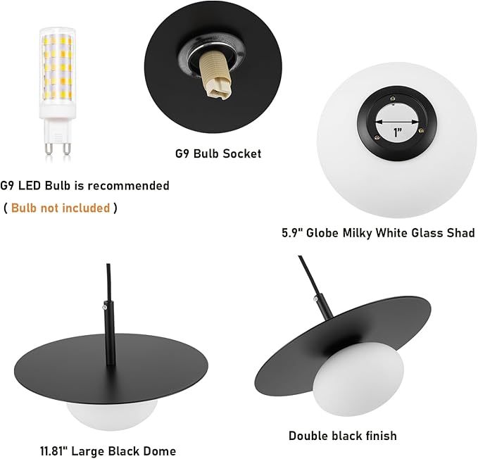 BYOLIIMA Modern Globe Pendant Lighting Set of 2 Milky White Glass Shade Matte Black Farmhouse Pendant Light 11.81" Dome Industrial Hanging Ceiling Light Fixture Kitchen Island Dinning Room Bedroom