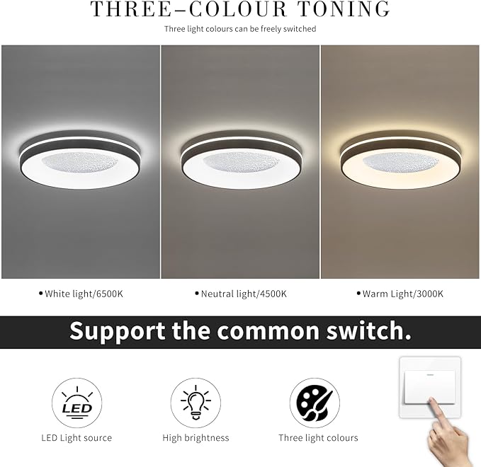 LED Flush Ceiling Light, 11in Grey Round Ceiling Light Dimmable 3000K/4500K/6500K Color Recessed Lamp for Living Room, Bedroom, Office,Hallway
