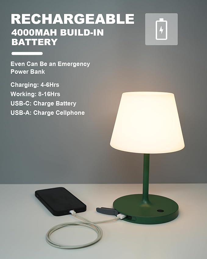 WEILAILUX Outdoor Battery Operated Table Lamp Waterproof, 4000mAh Cordless Table Lamp Rechargeable, Touch Dimmable Desk Lamp, LED Night Light for Patio Camping Restaurant Home, H9.6in, Green