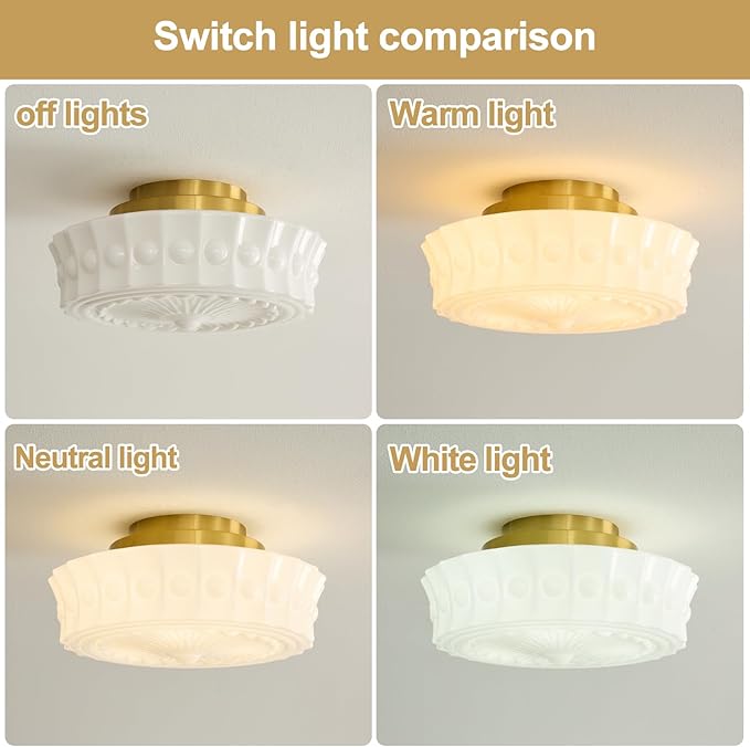 14inch Semi Flush Mount Ceiling Light Milk Glass Ceiling Light Fixture Mid Century Vintage Light Fixtures for Kitchen Hallway Restaurant Bedroom and Schoolhouse(White)