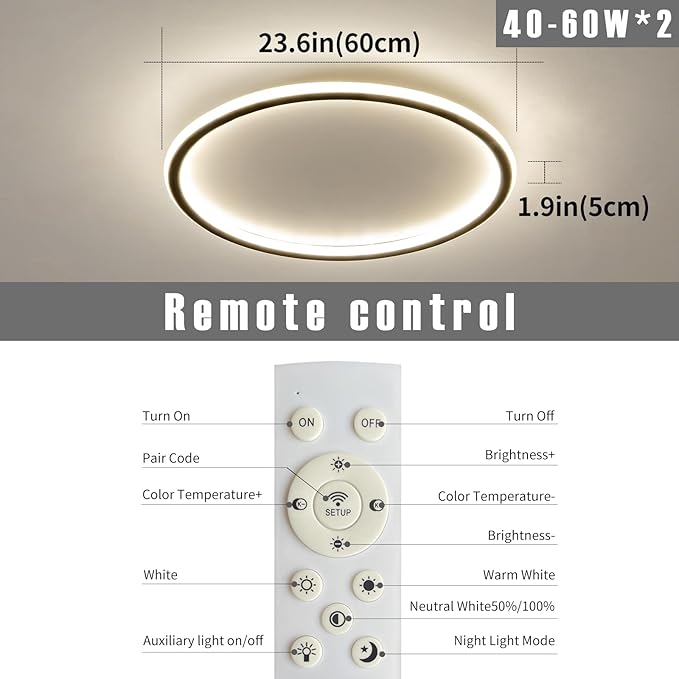 23.6 Inch Flush Mount Ceiling Light, 40-60W Round LED Ceiling Light Fixtures, Thin Modern Ceiling Lamp, Close to Ceiling Lights for Bedroom, Kitchen, Living Room, 3 Color Temperature Selectable