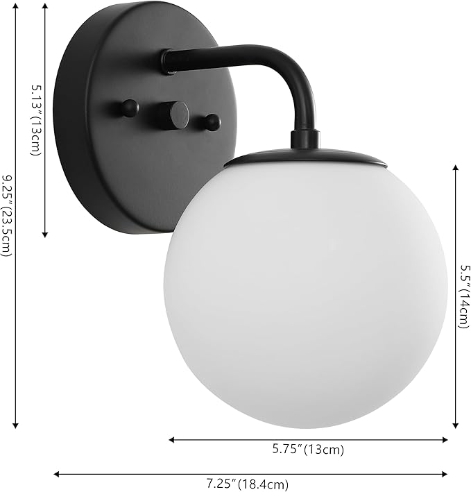JONATHAN Y 5.75" Black 1-Light Modern Globe Wall Sconce Vanity Light for Bathroom, White Frosted Glass Shade, Midcentury Parisian Bistro Wall Lamp, LED Bulb Included (JYL3534B)