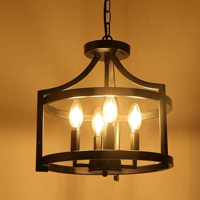 4-Light Farmhouse Chandelier, Modern Hanging Pendant Lighting, Convertible Semi Flush Mount Ceiling Light Fixture Rustic Vintage Black Chandeliers for Dining Room Kitchen Foyer Entryway