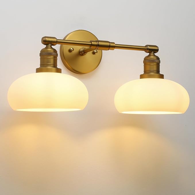 Pathson 2-Lights Milky Glass Wall Sconce, Hardwired Double Head Bathroom Sconces, Vintage Wall Lamps for Vanity Mirror, Living Room, Bedroom, Farmhouse Lighting
