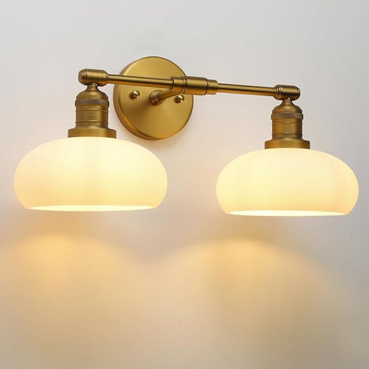 Pathson 2-Lights Milky Glass Wall Sconce, Hardwired Double Head Bathroom Sconces, Vintage Wall Lamps for Vanity Mirror, Living Room, Bedroom, Farmhouse Lighting