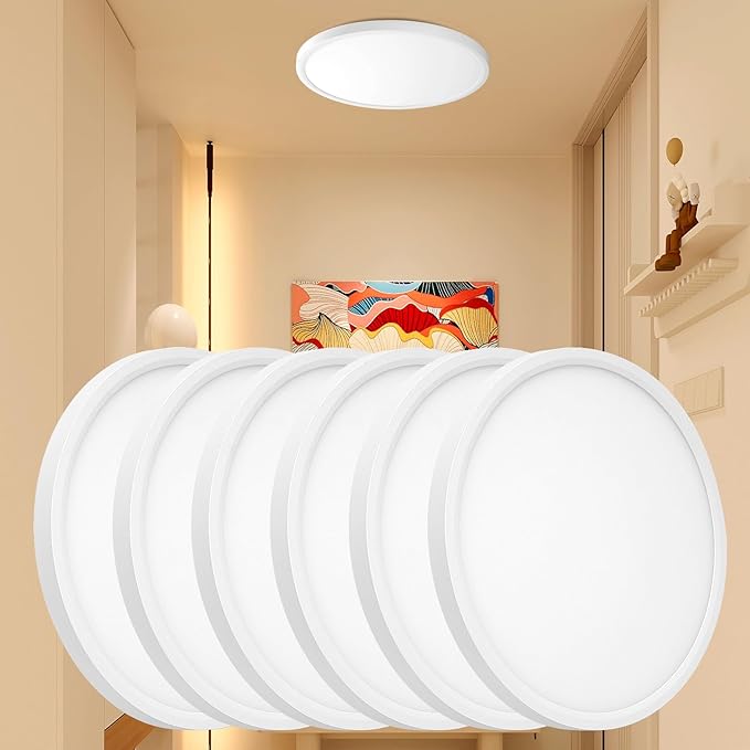 6PK 12 Inch LED Flush Mount Ceiling Light - Dimmable 0.67in Thickness Round, 24W 5CCT in One 2700K/3000K/3500K/4000K/5000K Surface Mount LED Light Fixture for Laundry, Closet, 12 Inch 6Pack White