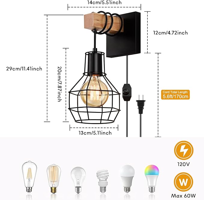 Lightess Plug in Wall Sconces Set of 2, Industrial Wall Mount Light Fixture with ON/Off Dimmable Switch Cord, Black Rustic Wall Lighting for Bedroom Living Room, Bulb Not Included