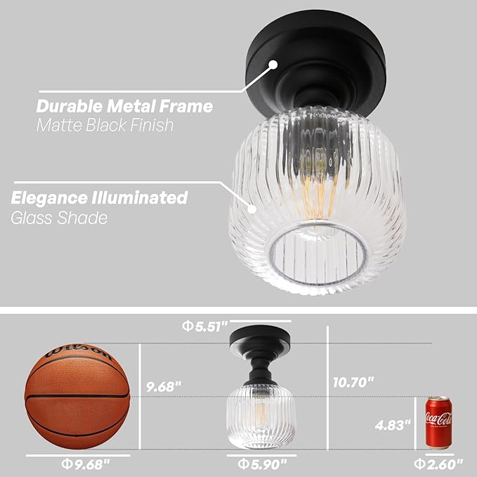 Modern Schoolhouse Semi Flush Mount Ceiling Light with Clear Ribbed Glass Lampshade, Industrial Close to Ceiling Light Fixture for Farmhouse Bedroom Entryway Stairs