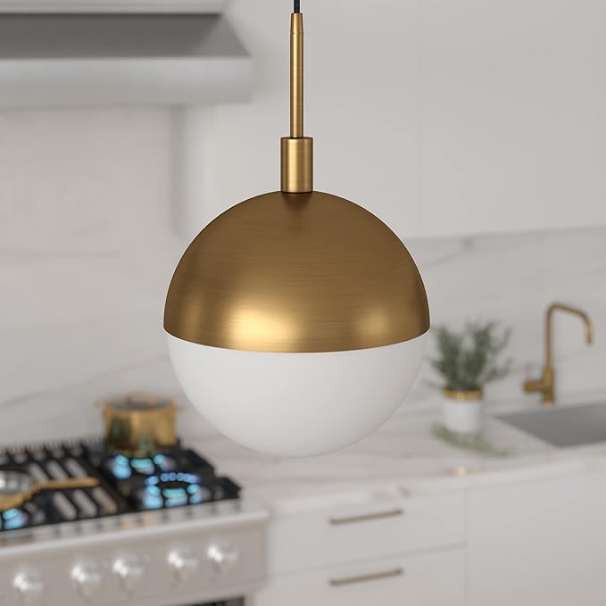 Henn&Hart 10" Modern Pendant Light Fixture with White Milk Glass Globe Shade and 8' Adjustable Cord for Kitchen Island, Dining Room or Game Room, Gold