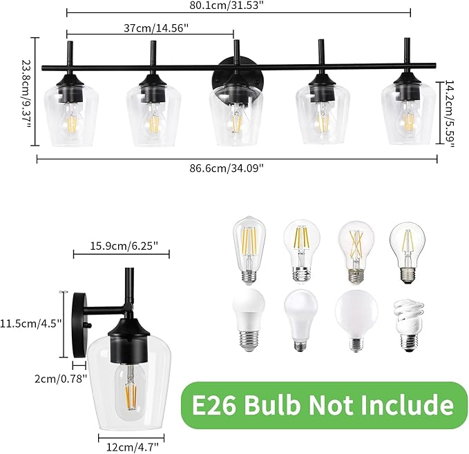 Bathroom Light Fixtures 5-Light Brushed Nickel Vanity Light with Clear Glass Shade, Modern Wall Lights for Bedroom Hallway Living Room (Black, 5-Light)