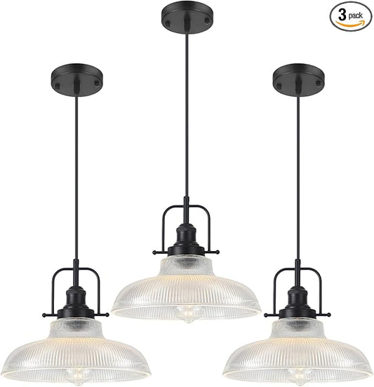 Black Glass Pendant Lights Kitchen Island 3 Pack, 12-inch Ribbed Glass Kitchen Pendant Lights, Farmhouse Pendant Lighting Over Island, Sink, Bar, Vintage Pendant Light for Dining Room