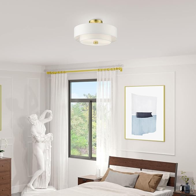 Livex Lighting 51044-12 Meridian Collection 3-Light Semi Flush Mount Ceiling Light with Off-White Hardback Fabric Shade, Satin Brass 15 x 15 x 8.25