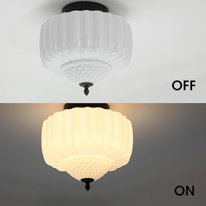 Milk Glass Semi Flush Mount Ceiling Light, 12" Mid Century Modern Schoolhouse Close to Ceiling Light Fixtures, Black White Vintage Light fixtures For Bedroom Kitchen Living Room Entryway Hallway Foyer