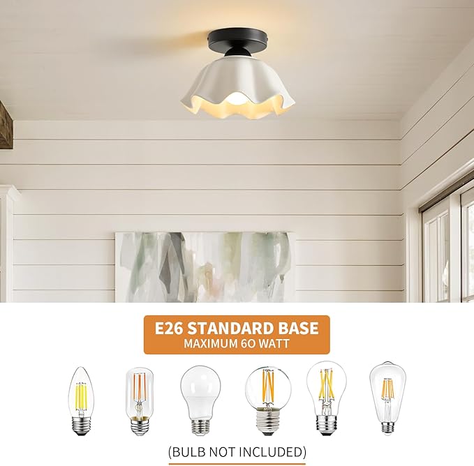 2 Pack Semi Flush Mount Ceiling Light - Flower Glaze Ceramic, Black Vintage Hallway Light Fixtures, White Globe Ceiling Lights, Mid Century Small Light Fixture for Cottage Entryway Laundry Room Foyer