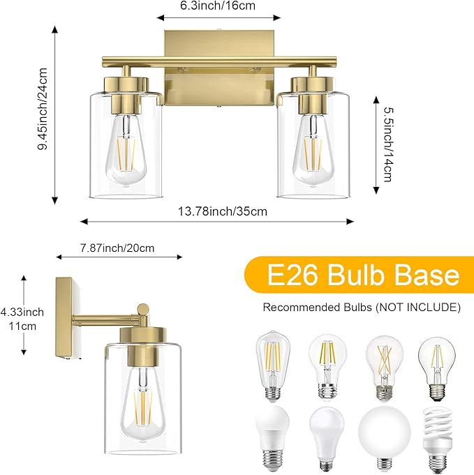 Aipsun Bathroom Light Fixtures,Brushed Brass Vanity Light Gold Wall Sconces Lighting Modern Bath Wall Mounted Lights with Glass Shade, Gold Wall Sconce for Bathroom(Exclude Bulb)