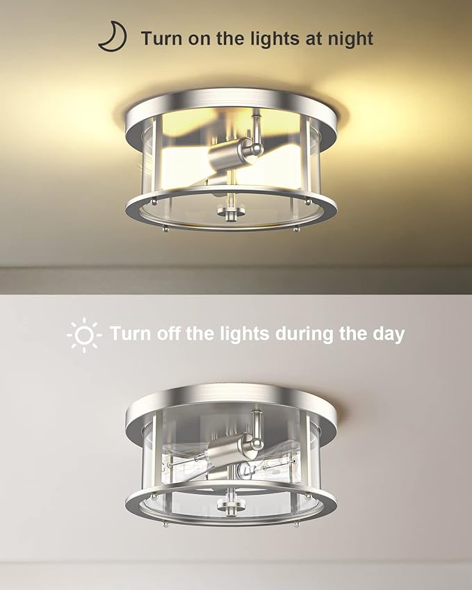 EAPUDUN Flush Mount Ceiling Light Fixtures, 12inch 2-Light Farmhouse Close to Ceiling Light Fixture with Clear Glass Shade, Brushed Nickel Finish for Porch, Entryway, Bedroom, FMA1413-BNK