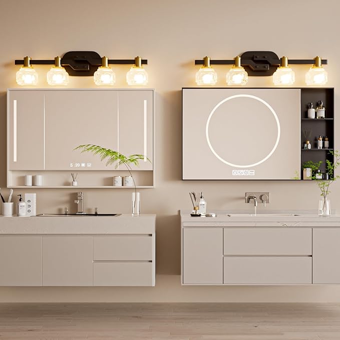 Lightdot 4-Light Bathroom Vanity Light, 23.6" Modern Bathroom Light Fixtures with Clear Crystal Waterproof Shades, Rust-Proof Horizontal Gold and Black Vanity Lights Over Mirror for Cabinet Hallway