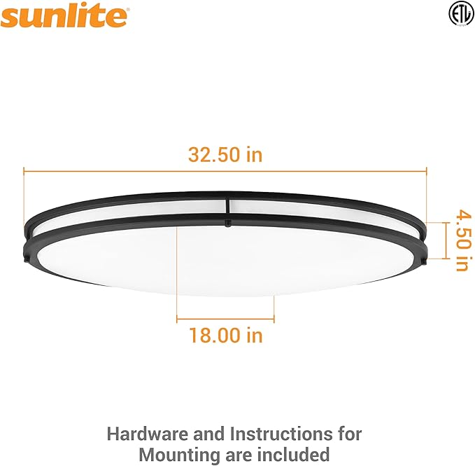 Sunlite 32" Oval Double Band Trim Flush Mount Light Fixture, 35 Watts, 3000 Lumens, Color Selectable 30K/40K/50K, Dimmable, ETL Listed, Matte Black, for Commercial & Residential Use