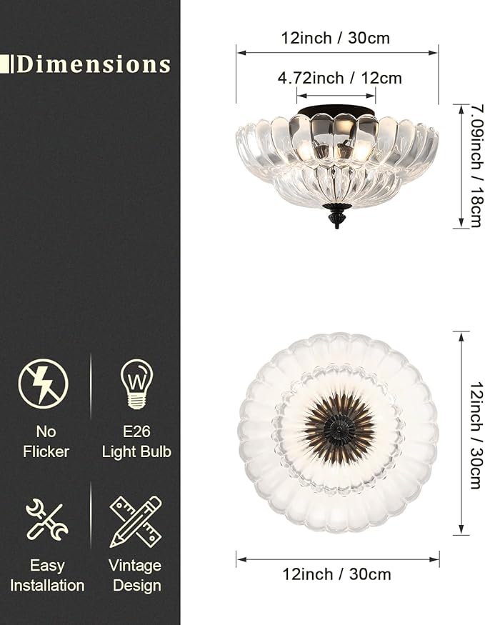 ANYLOVE Modern 12Inch Clear Glass Flower Glass Semi Flush Mount Ceiling Light, 3 Light for Living Room Bedroom Hallway Entryway Foyer