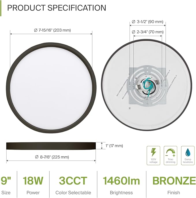 ASD LED 9" Round Flush Mount Light | 18W 1460LM 3000-5000K 120V | 3CCT, Dimmable, Ultra Slim, ETL Listed | Thin Surface Lamp, Bedroom Ceiling Lighting | Bronze, 6 Pack